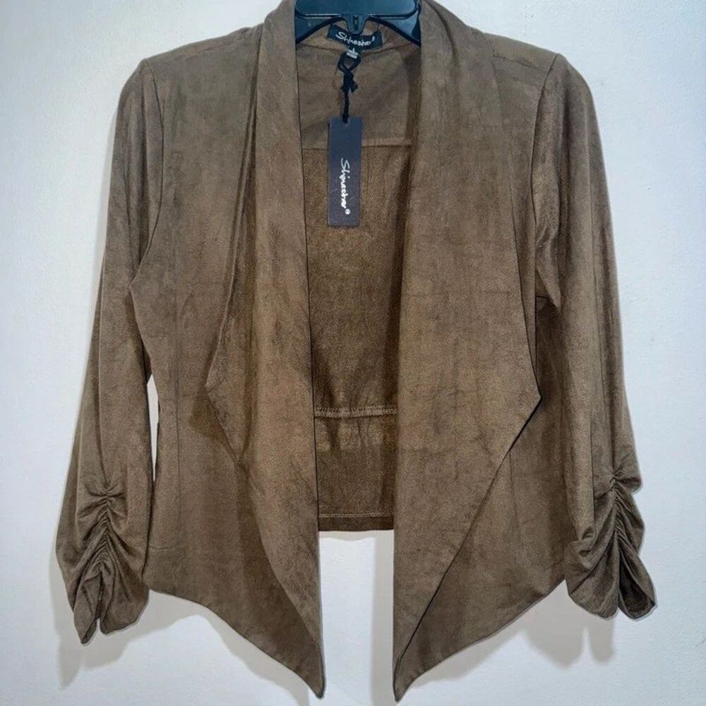 NWT Faux Suede Open Front Ruched Sleeve Blazer Jacket